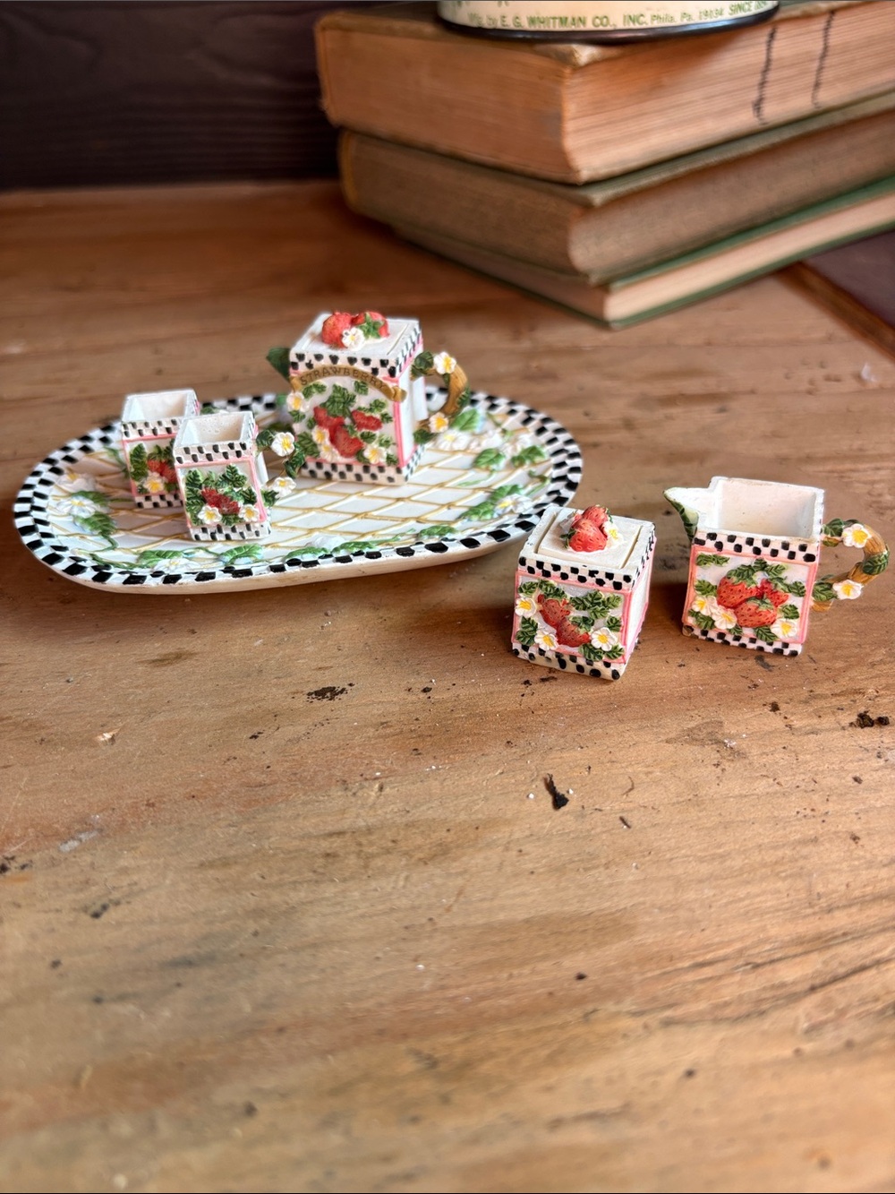 Miniature Ceramic Tea Set - Strawberry and Checkered 🍓✨